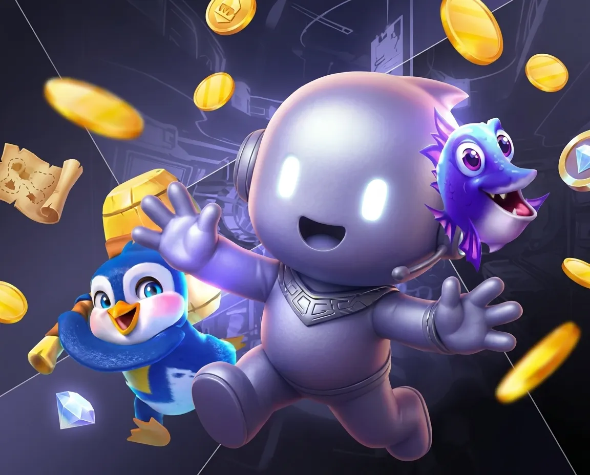 Purple KAKIJUDI mascot jumps with a blue penguin with map and purple fish in gold/gems.