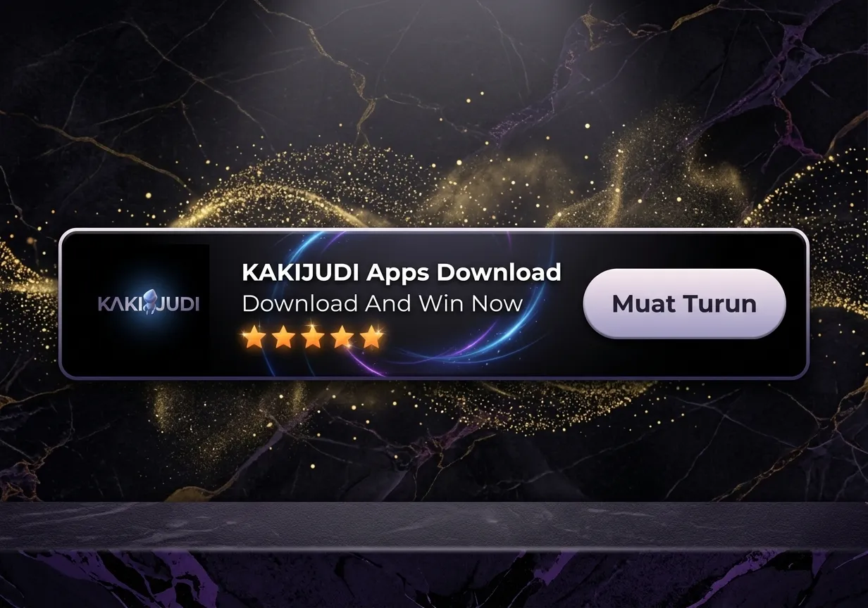 Dark banner on black marble: KAKIJUDI logo, 5 stars, "Download & Win", purple button.