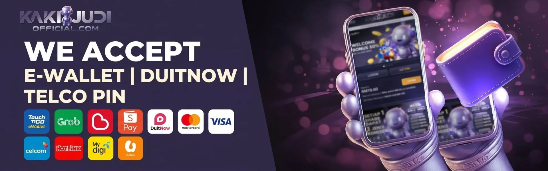 Mascot holding a phone beside a glowing wallet with e-wallet, DuitNow, telco, Visa and Mastercard options.