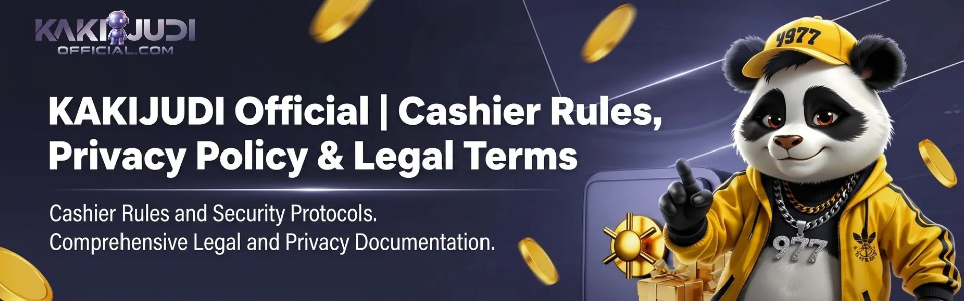 KAKIJUDI panda banner with cashier rules, privacy policy, legal terms and gold coins.