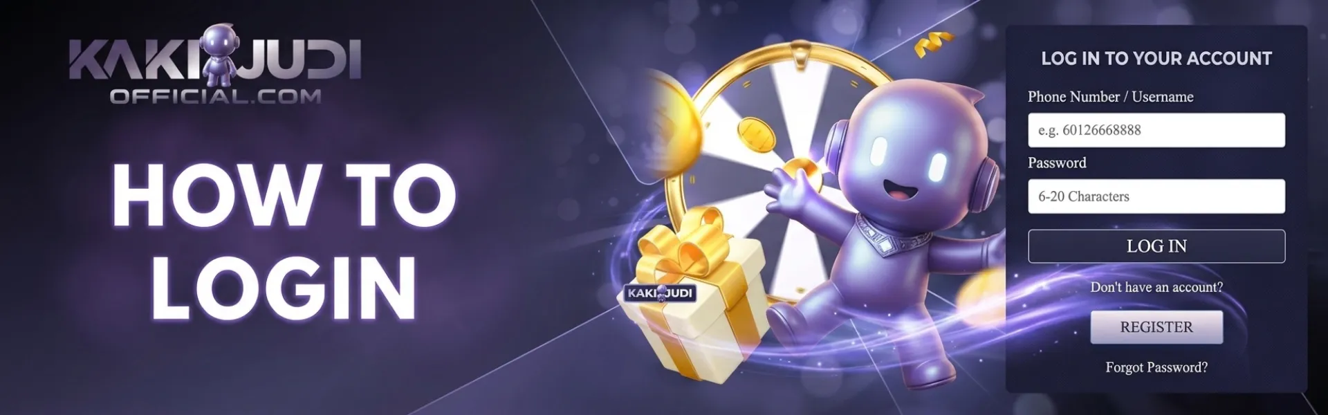 KAKIJUDI login banner with login form, mascot character, gift box, and wheel.