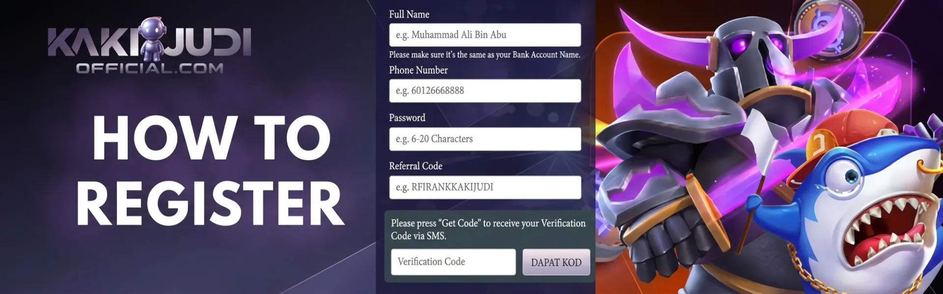 KAKIJUDI banner: "HOW TO REGISTER", sign-up form, P.E.K.K.A, shark on purple.