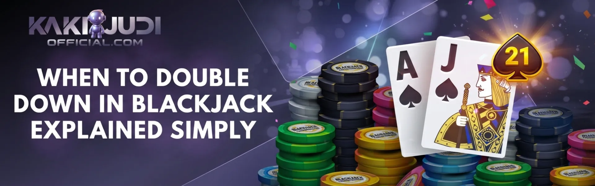 KAKIJUDI blackjack guide banner with Ace and Jack cards, 21 icon