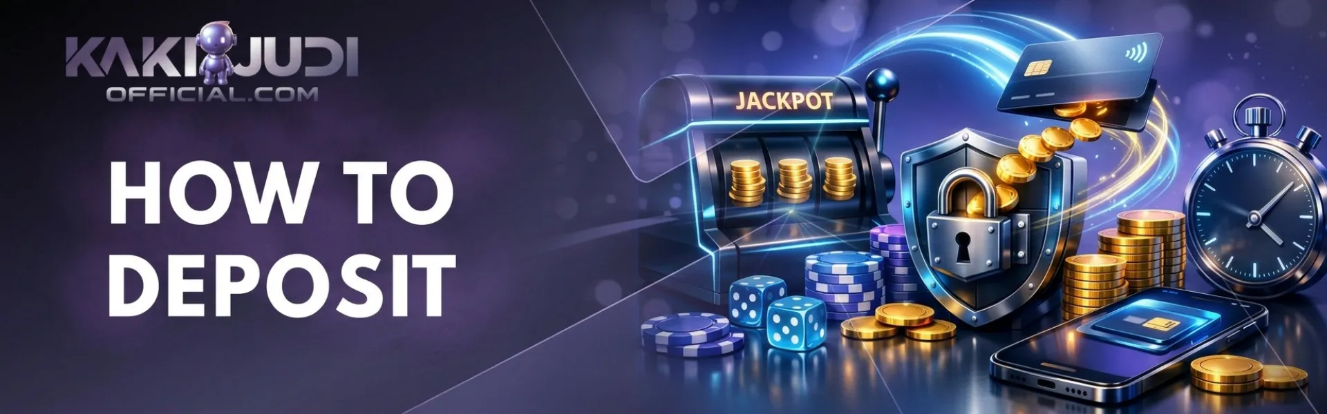 KAKIJUDI deposit guide banner with secure lock shield, slot machine,